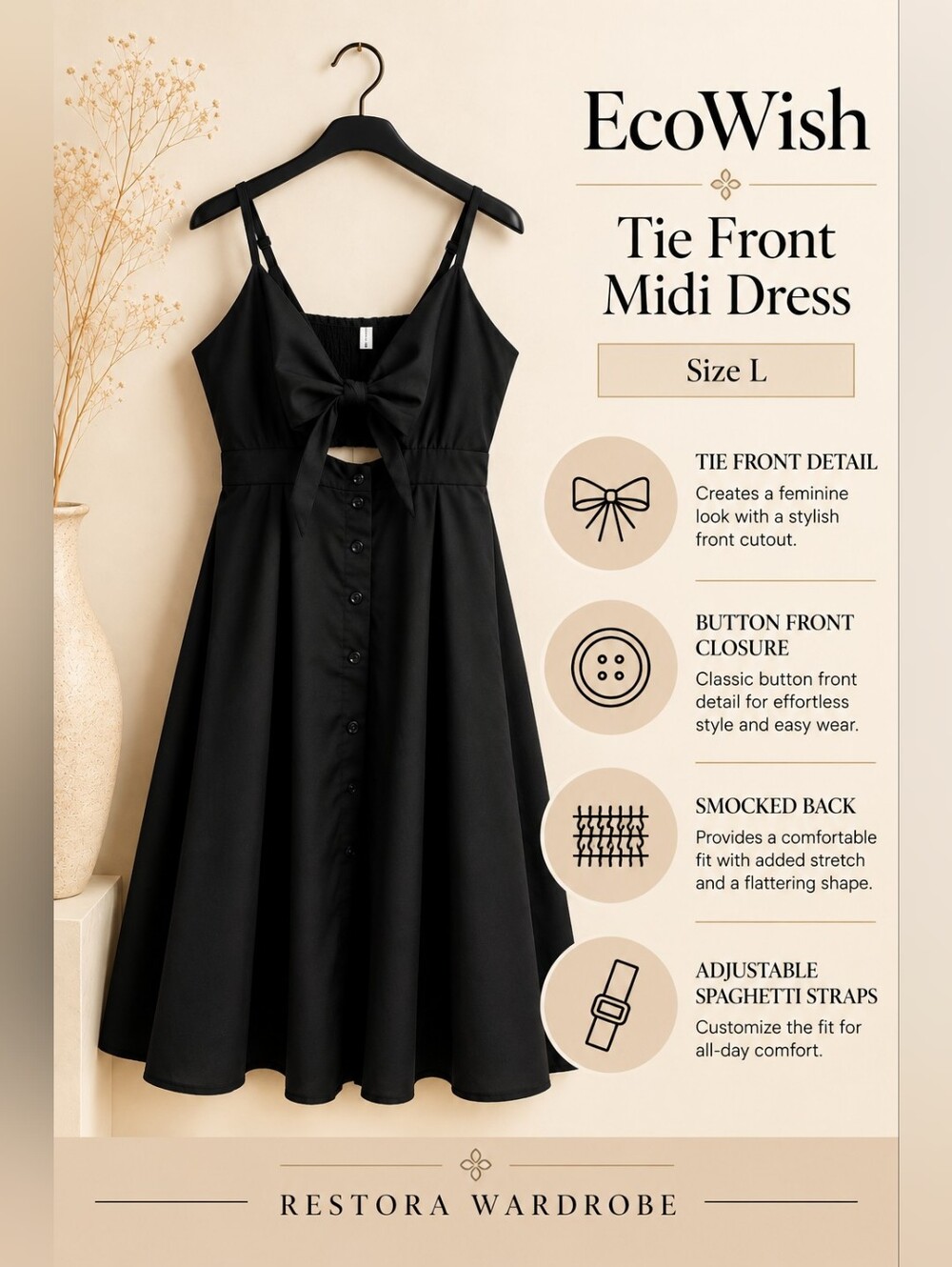 Black Tie Front Cutout Midi Dress Smocked Coquette Y2K Size L